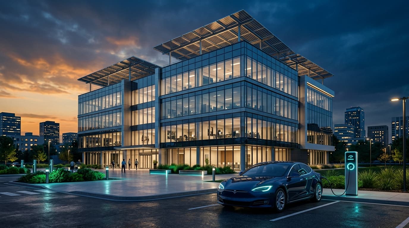 Modern commercial building with rooftop solar and EV charging at dusk