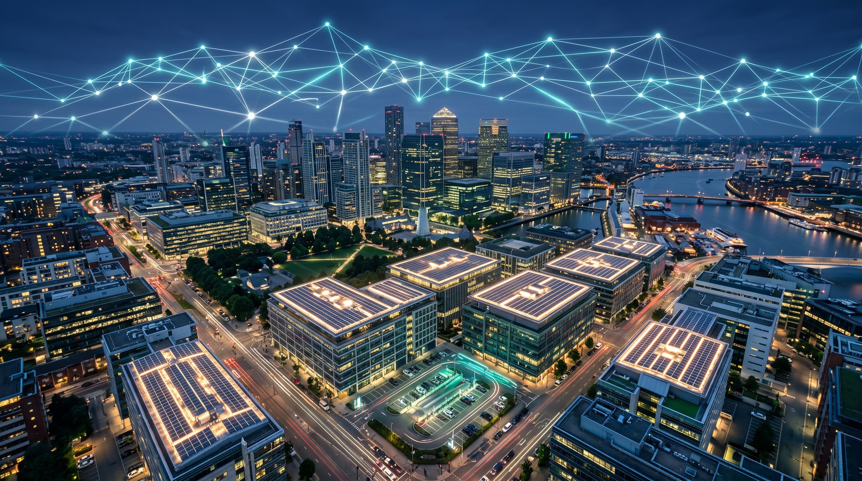 Aerial view of a commercial district with rooftop solar and an energy grid network